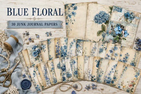 Vintage Blue Floral Junk Journal Papers