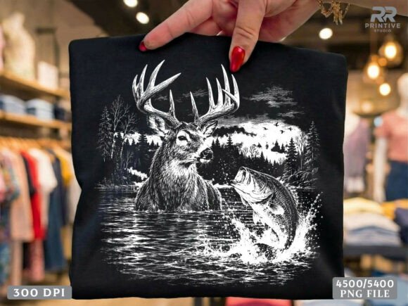 Vintage Deer and Bass Hunting PNG