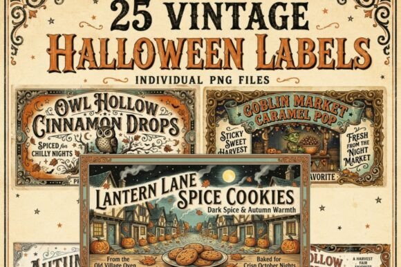 Vintage Halloween Labels PNG Bundle