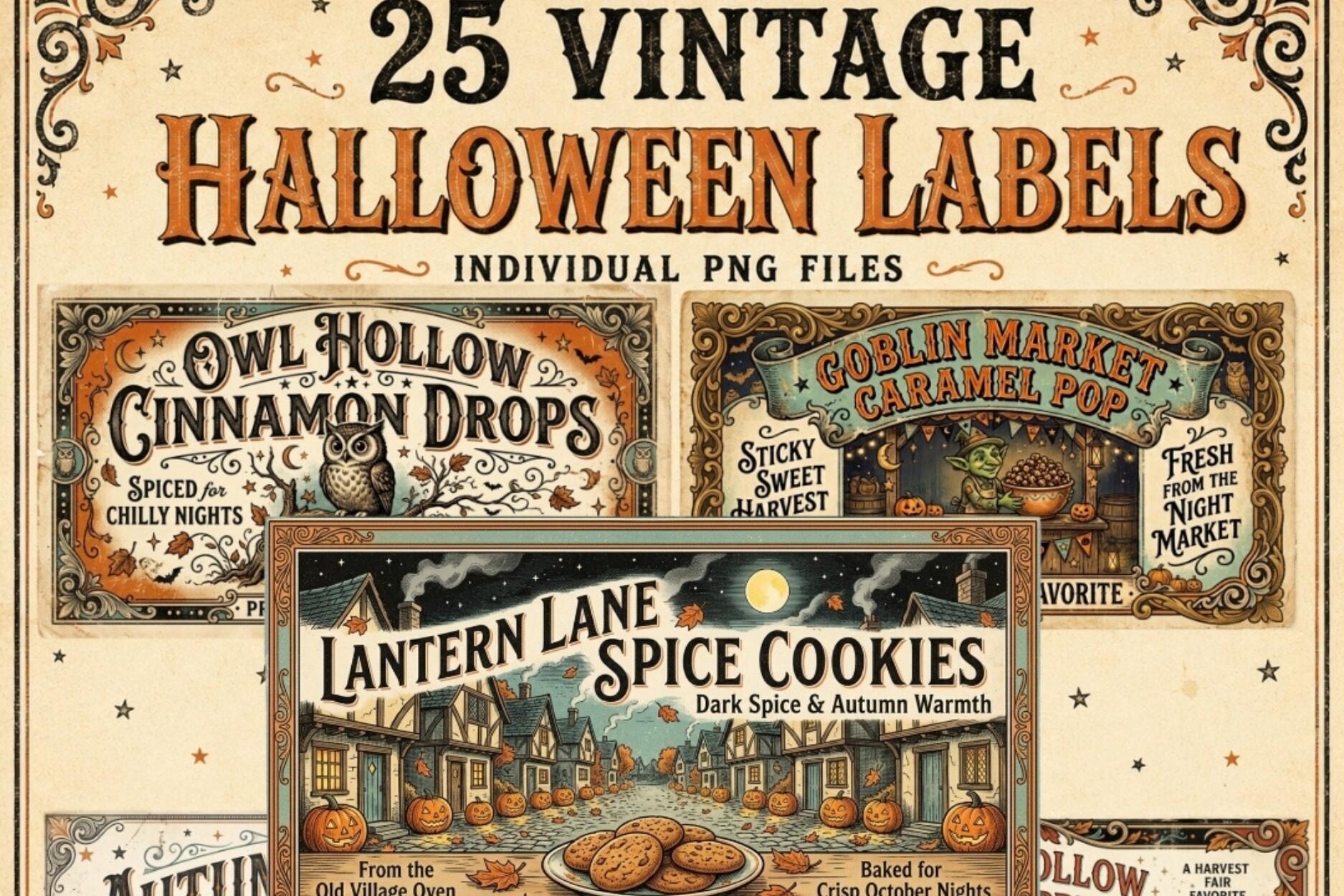 Vintage Halloween Labels PNG Bundle