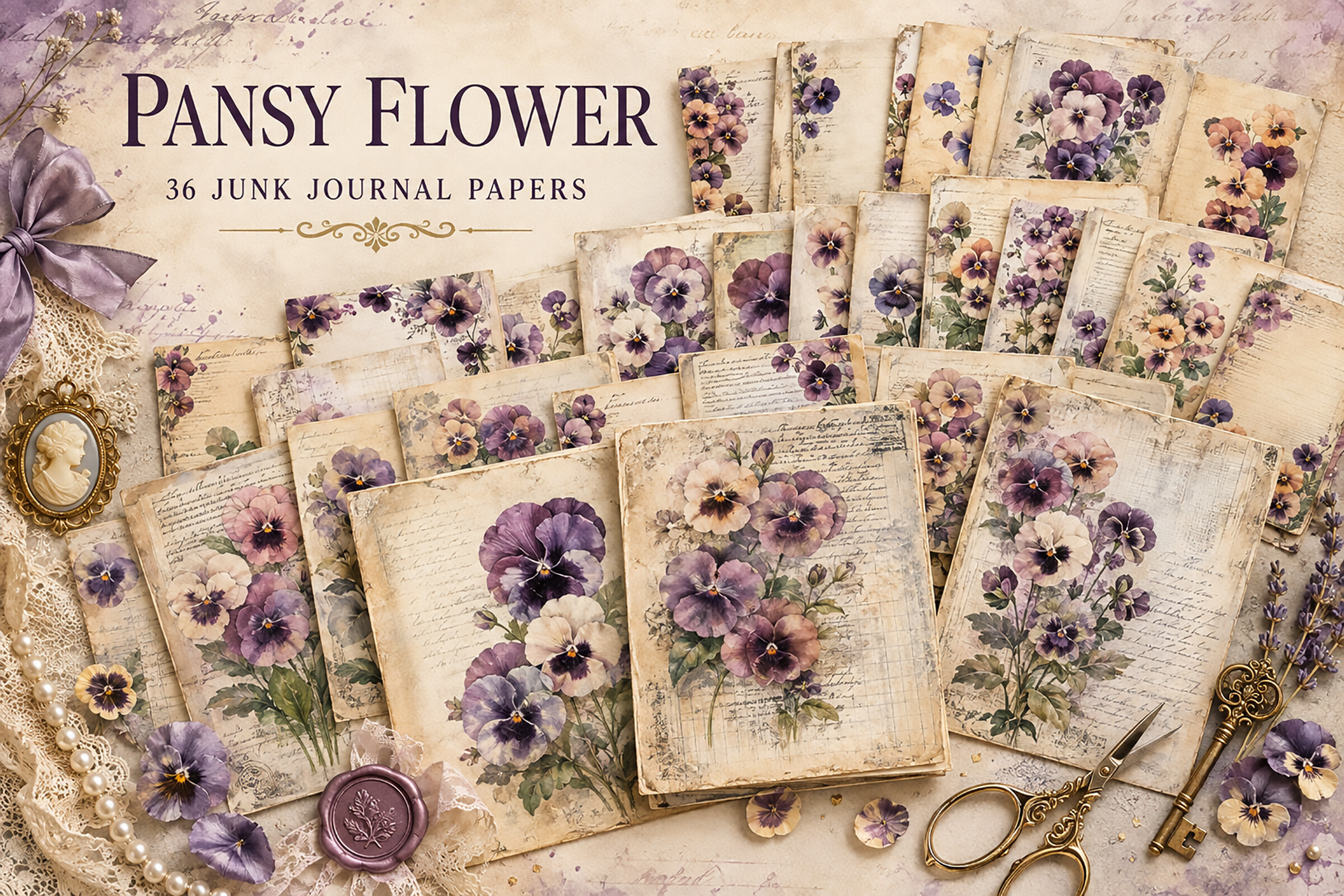 Vintage Pansy Flower Junk Journal Papers