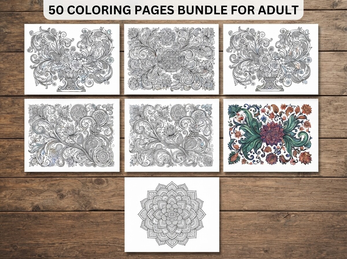 50 Floral Ornament Coloring Pages Bundle