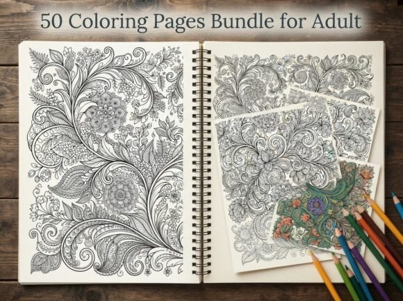 50 Floral Ornament Coloring Pages Bundle