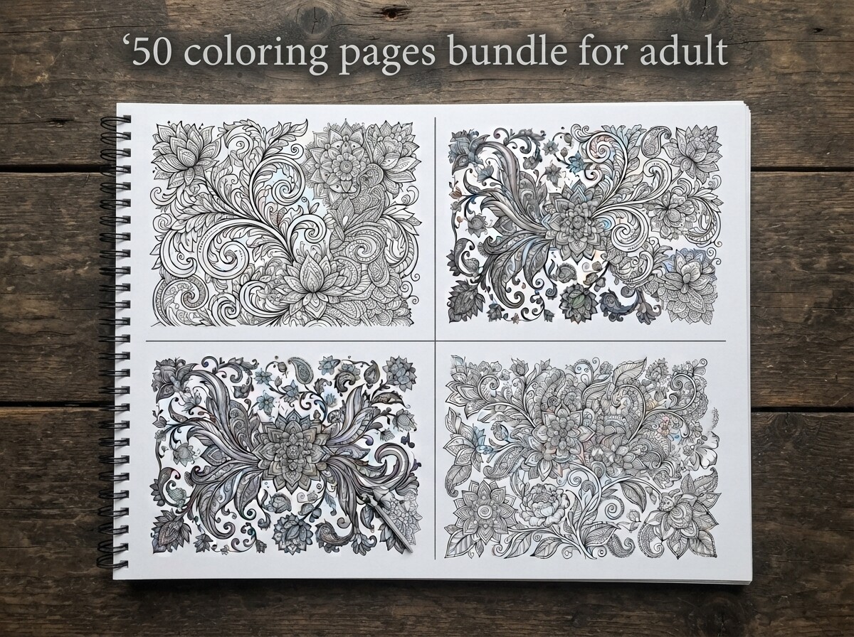 50 Floral Ornament Coloring Pages Bundle