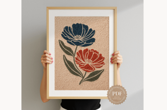 Blue Red Blooms Punch Needle Pattern