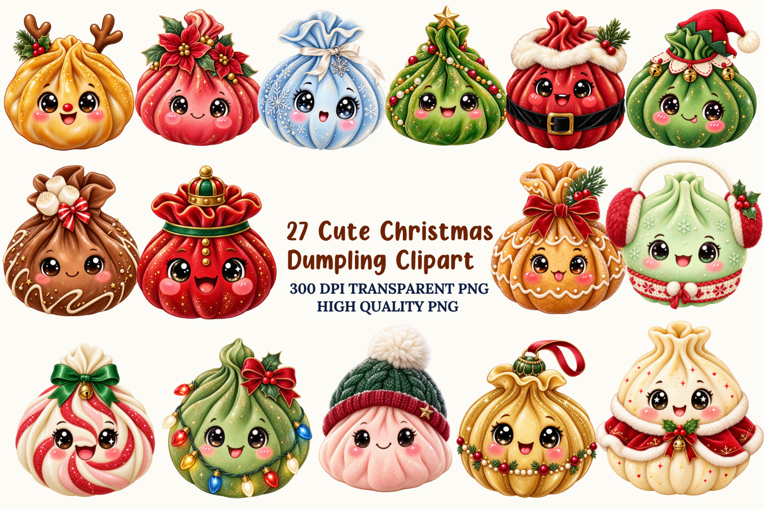 Cute Christmas Dumpling Clipart Bundle