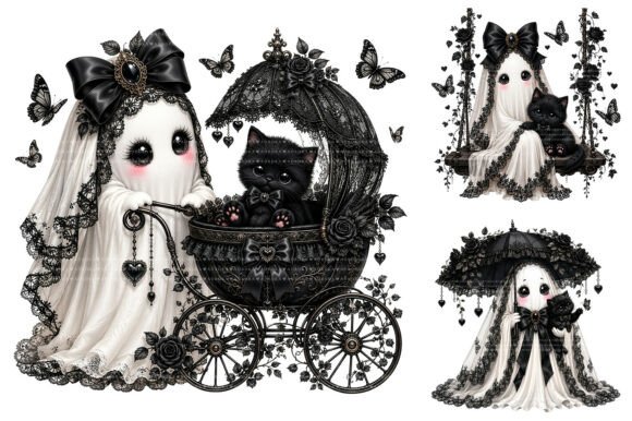 Gothic Halloween Ghost Black Cat Clipart