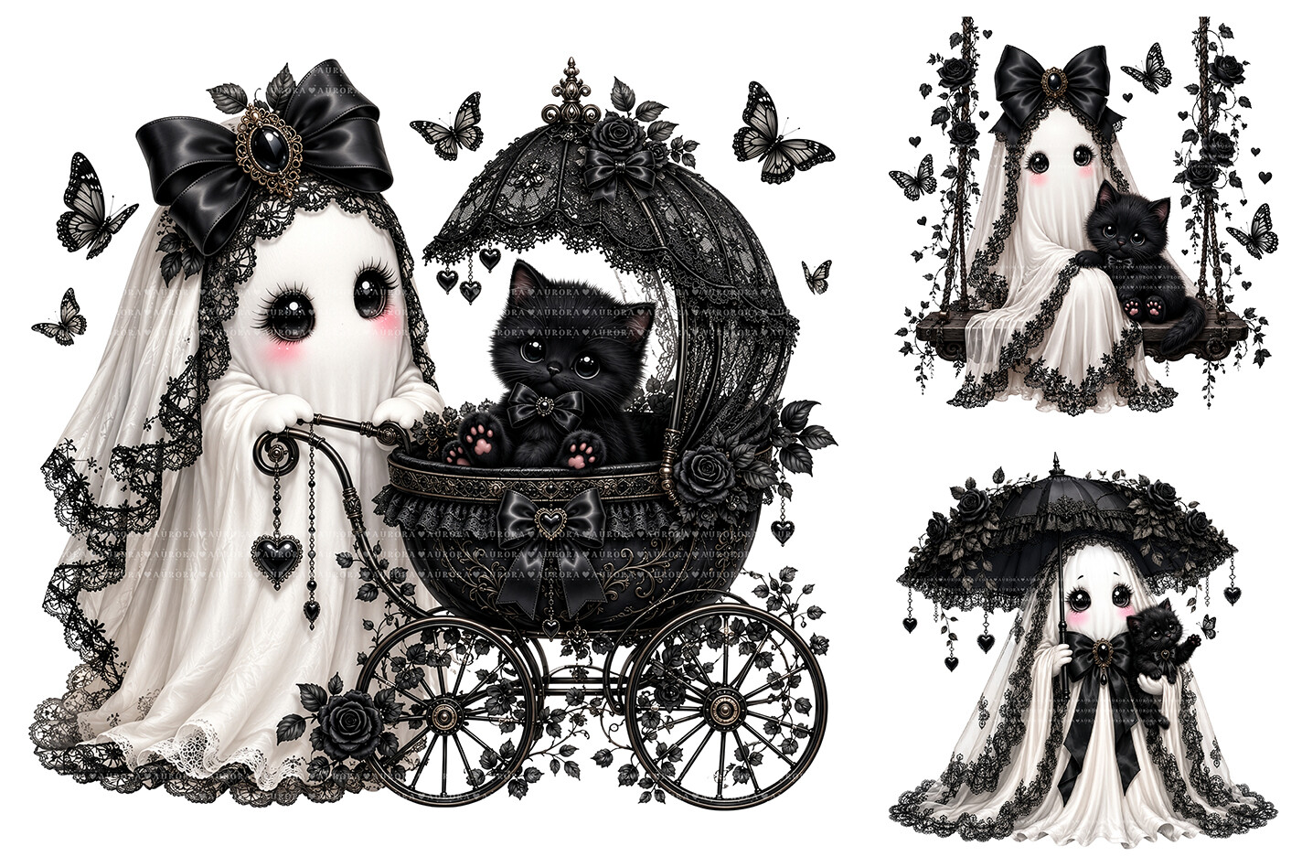 Gothic Halloween Ghost Black Cat Clipart
