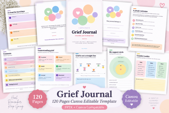 Grief journal template editable in Canva and PowerPoint