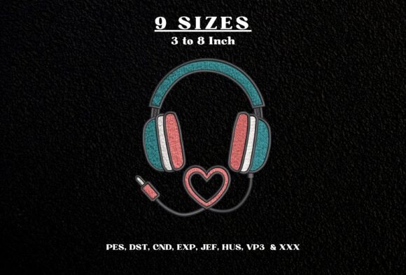 Headphones Heart Machine Embroidery DST