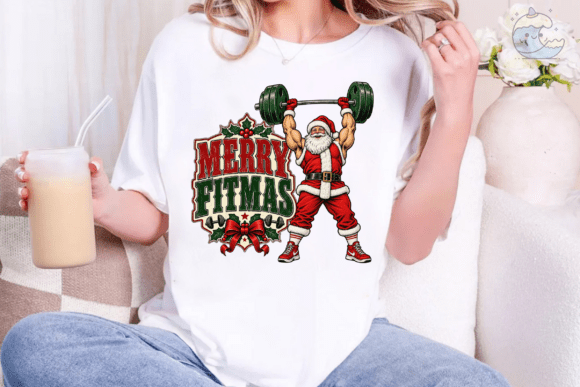 Merry Fitmas Santa Weightlifting PNG Tee