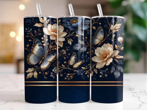 Navy Blue Butterfly Floral Tumbler Wrap