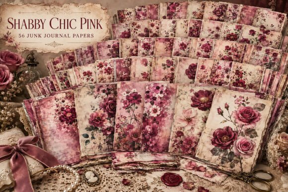 Pink Burgundy Floral Junk Journal Papers