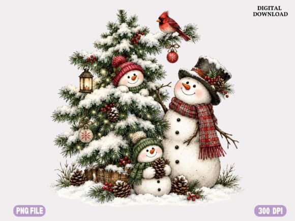 Snowman Family Christmas PNG, Watercolor Gráfico Ilustraciones Imprimibles Por Craft Palette