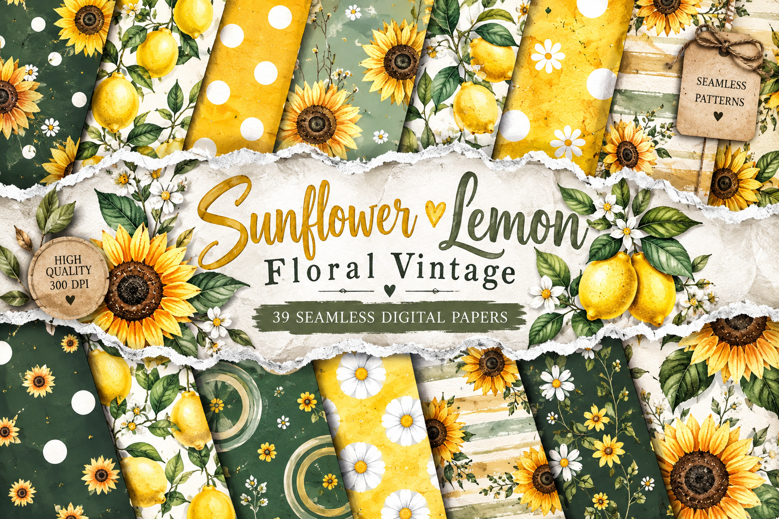 Sunflower Lemon Floral Vintage Digital P