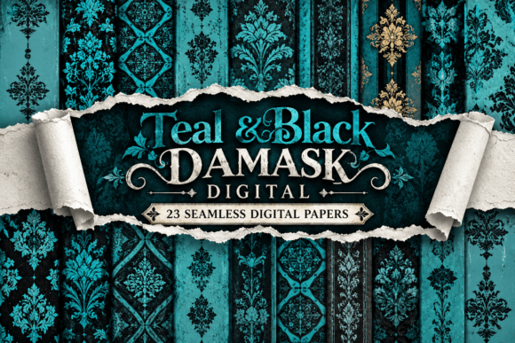 Teal & Black Damask Digital