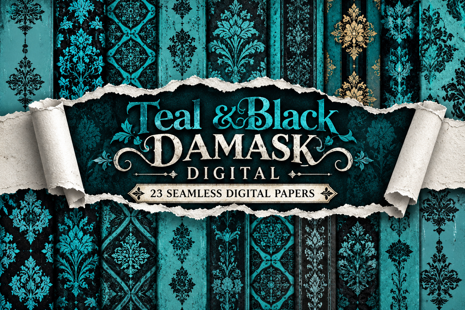 Teal & Black Damask Digital