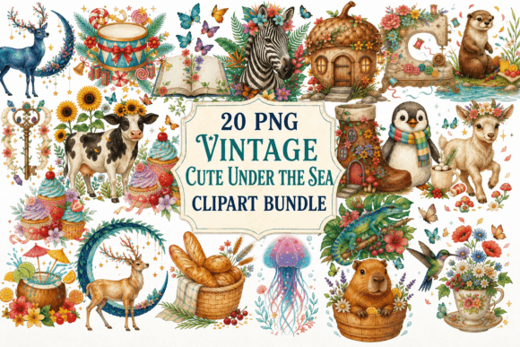 Vintage Cute Animal & Nature Clipart PNG