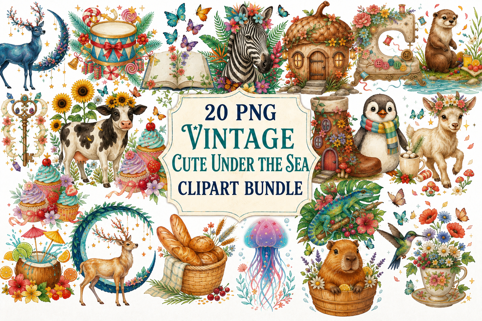 Vintage Cute Animal & Nature Clipart PNG