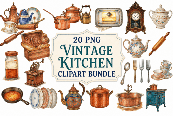 Vintage Kitchen Clipart PNG Bundle