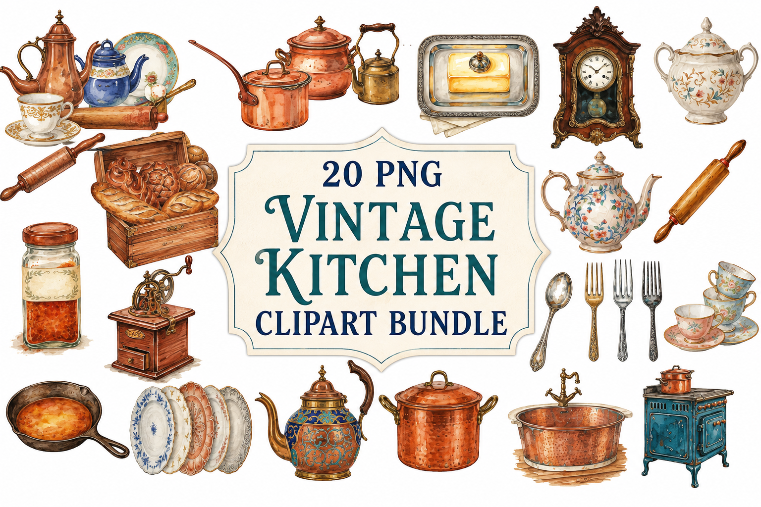 Vintage Kitchen Clipart PNG Bundle