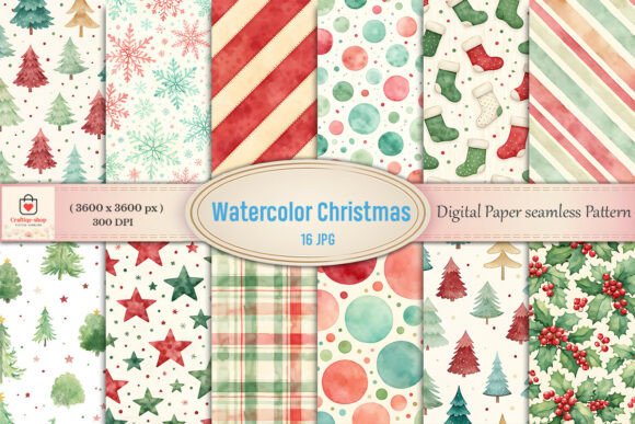 Watercolor Christmas Seamless Patterns