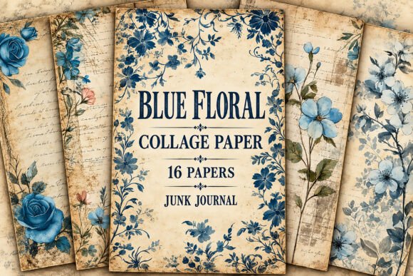 Blue Floral Botanical Junk Journal Paper