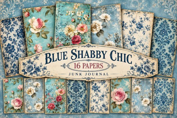 Blue Floral and Rose Junk Journal Papers