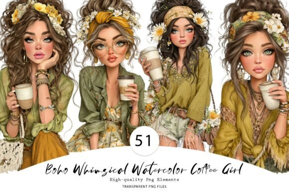 Boho Whimsical Watercolor Coffee Girl