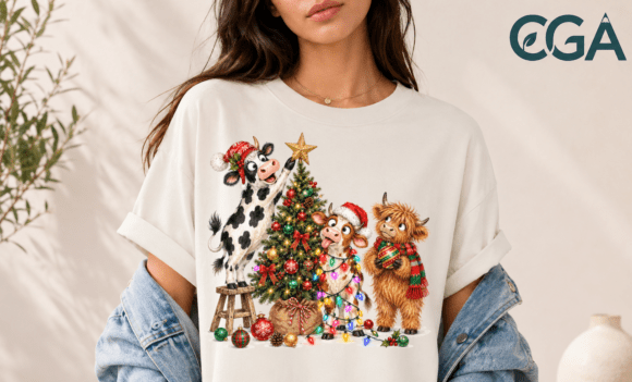 Christmas Cows Decorating Tree PNG