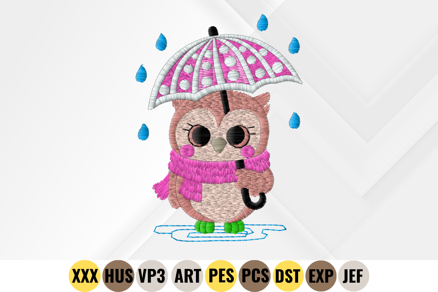 Cute Rainy Day Owl Embroidery Design