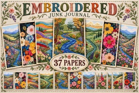 Embroidered Landscape Junk Journal Paper