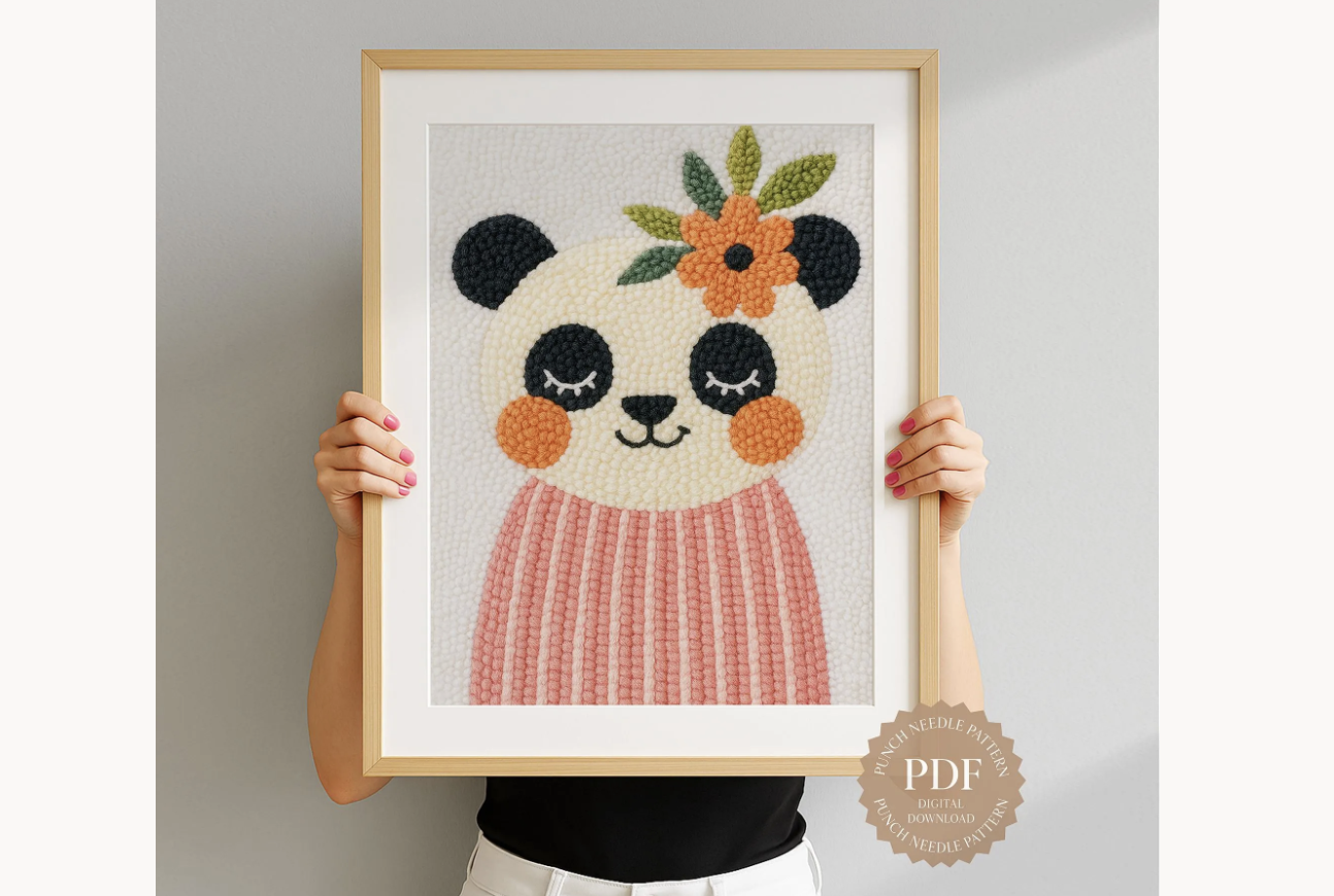 Floral Panda Punch Needle Pattern