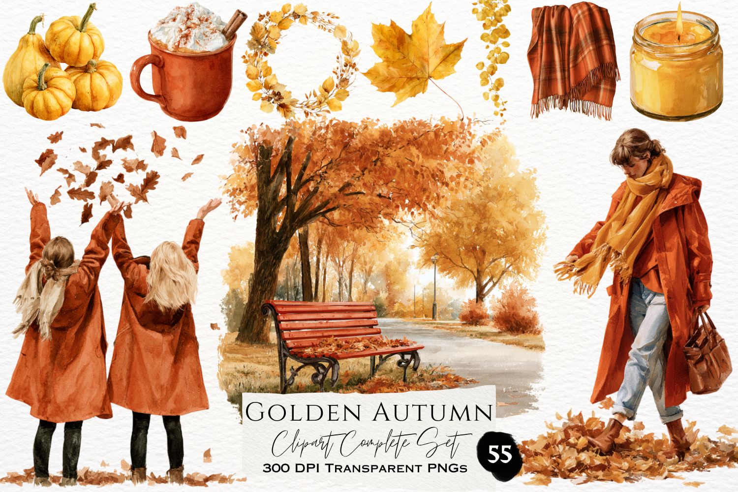Golden Autumn Watercolor Clipart Set