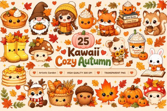 Kawaii Cozy Autumn Clipart Bundle