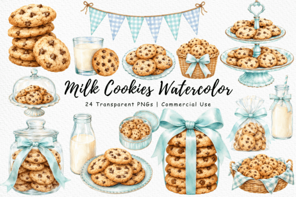 Milk & Cookies Watercolor PNG Bundle