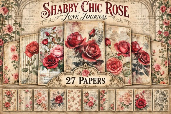 Red Rose Floral Junk Journal Papers