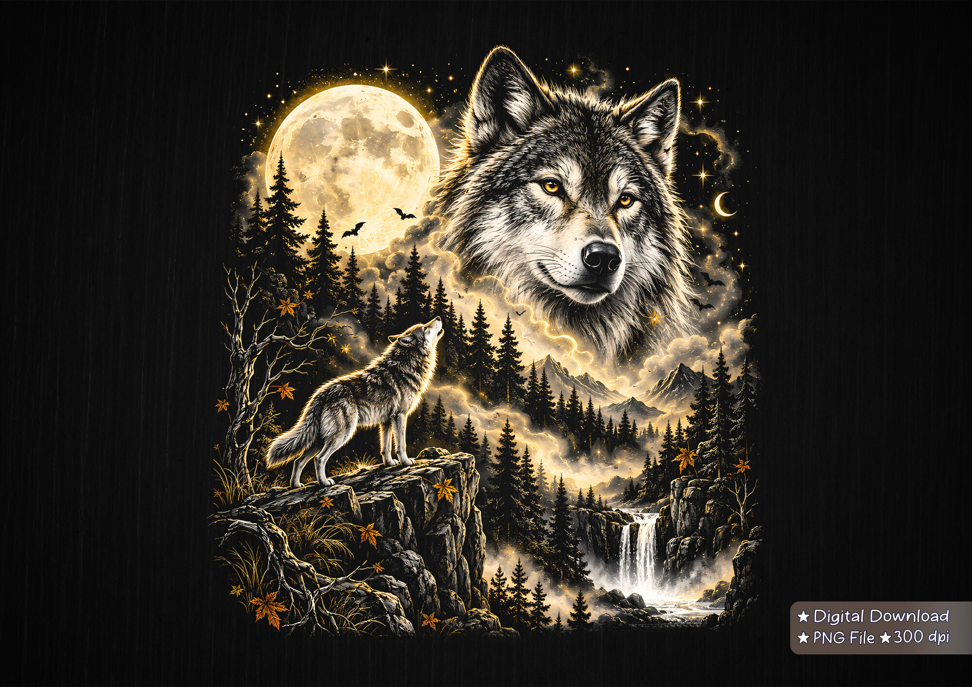 Retro Wolf Moon Howling PNG