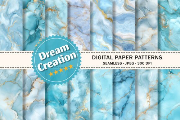 Sky Blue Gold Marble Digital Papers
