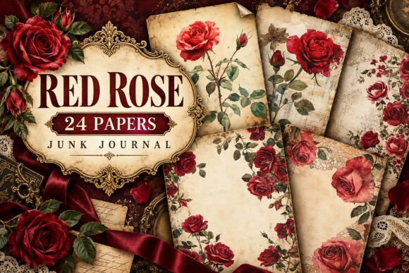Vintage Red Rose Junk Journal Papers