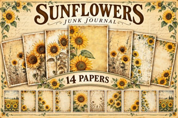 Vintage Sunflower Junk Journal Papers