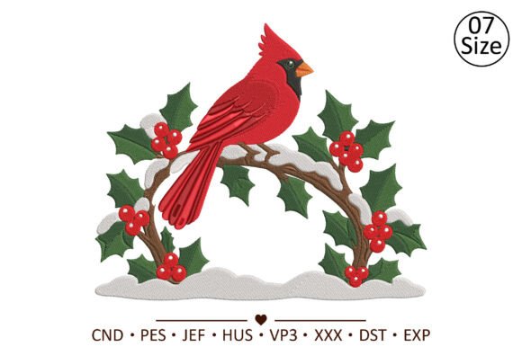 Winter Cardinal Holly Arch Embroidery