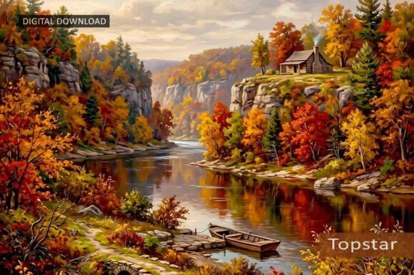 Autumn River Landscape Cozy Fall Decor