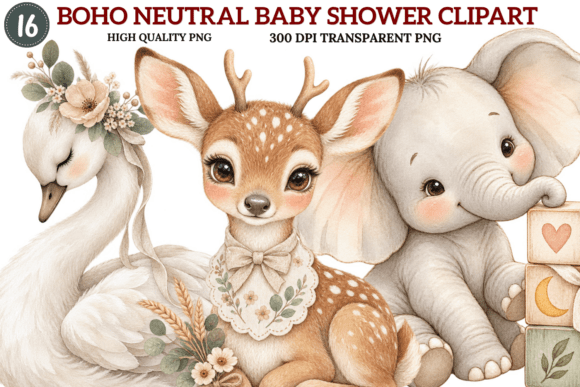 Boho Neutral Baby Shower Clipart Bundle