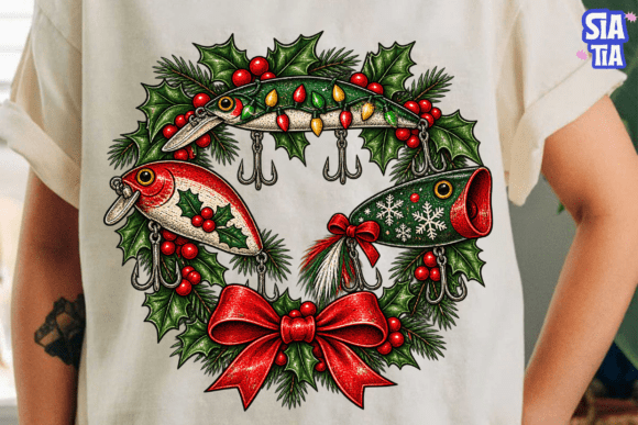 Christmas Fishing Lure Wreath PNG Shirt