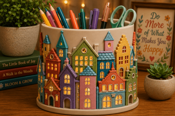 Colorful Village Desk Organizer 3D Model