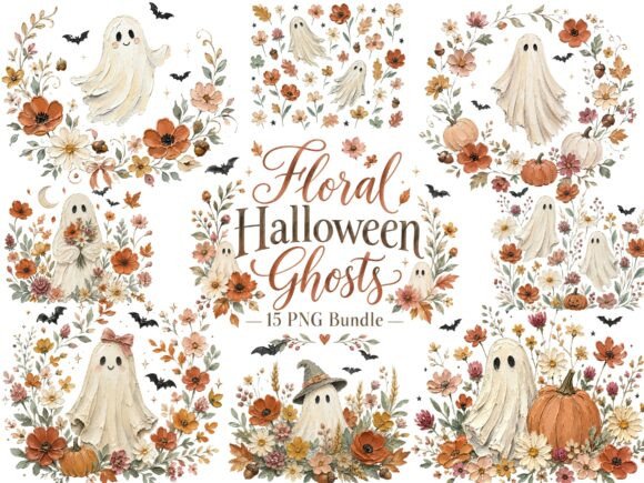 Floral Halloween Ghost PNG Bundle