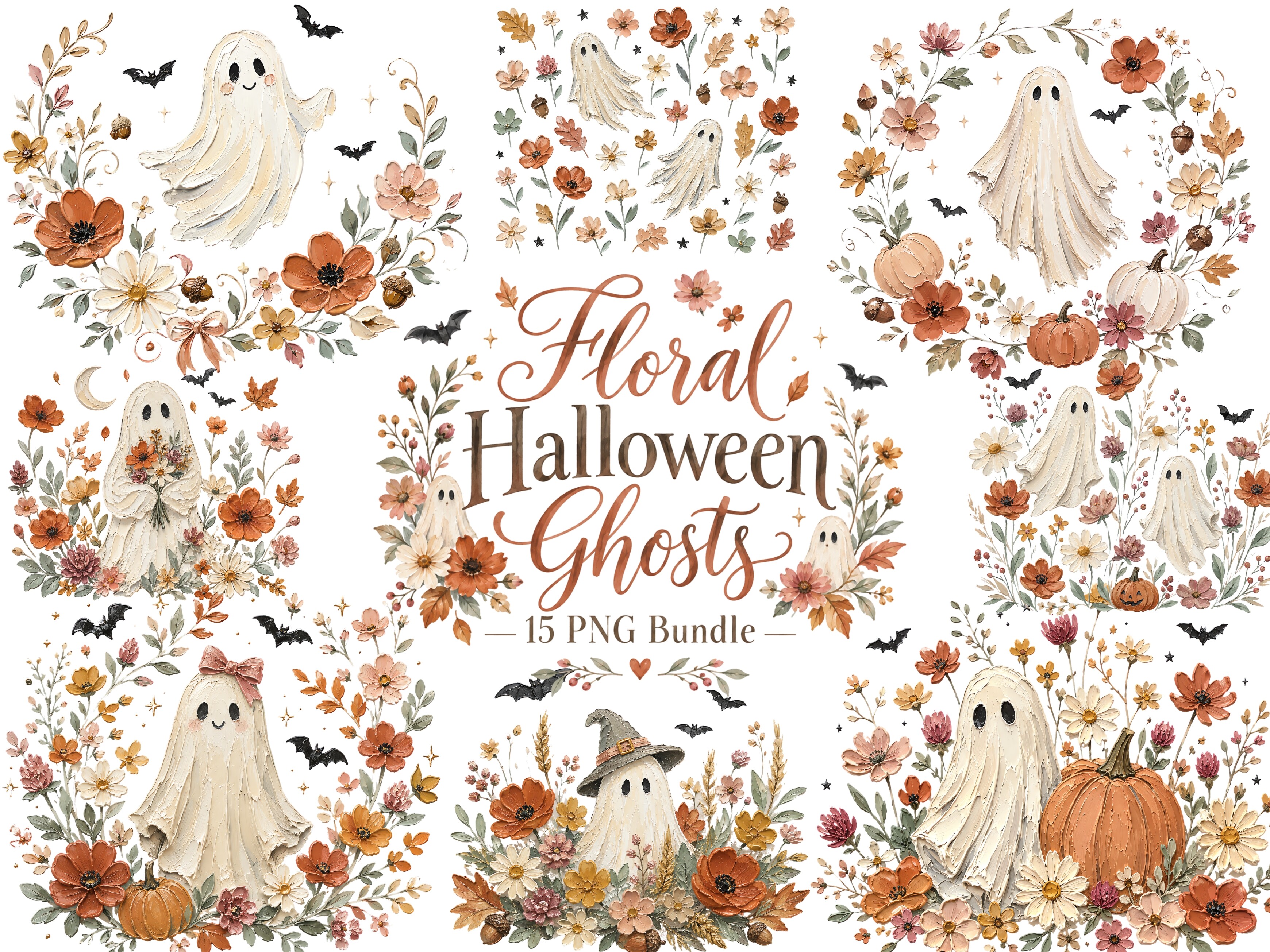 Floral Halloween Ghost PNG Bundle