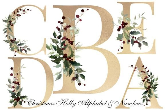 Gold Christmas Holly Alphabets Numbers