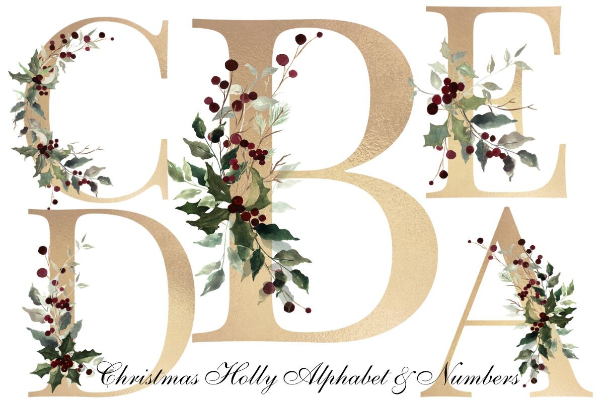 Gold Christmas Holly Alphabets Numbers